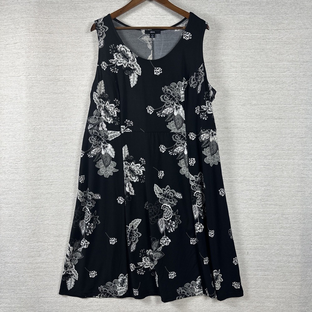Ellos 1X Plus Size 22/24 Black Foral Stretch Sleeveless Midi Summer Dress Resort